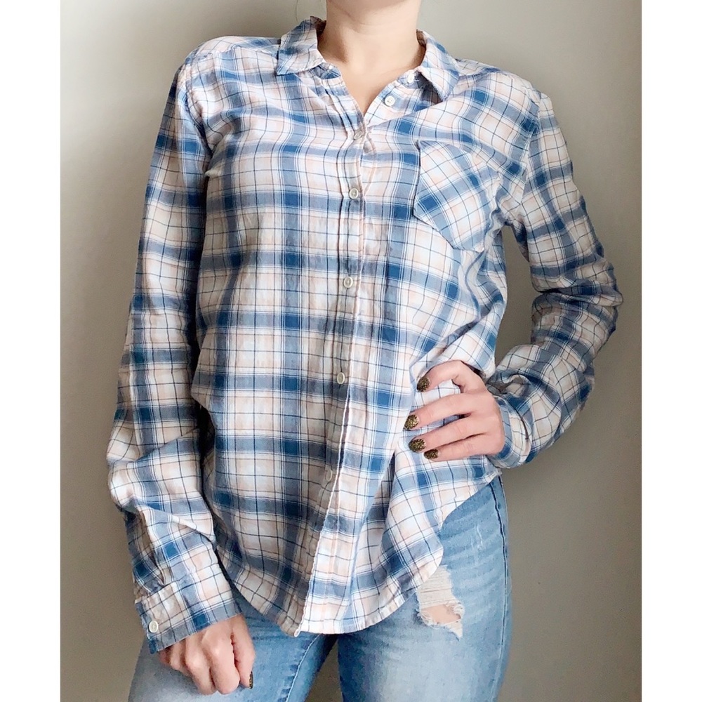 Paige Blue Pink Tartan Plaid Button Down Shirt